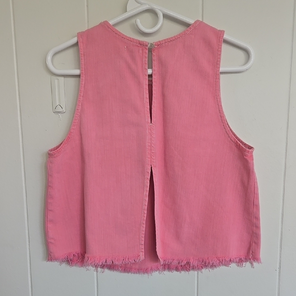 Aerie Women's Medium Denim Open Back Fringe Sleeveless Tank Top, Pink - Picture 3 of 7